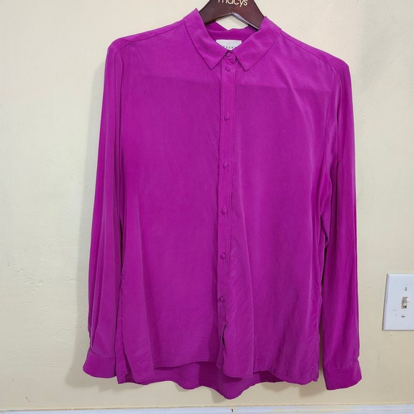 Sezane Paris Ann 100% Silk Long Sleeve Button Down Top Blouse Pink Purple Sz 10 - Picture 1 of 15
